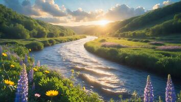 River Flowing Through Green Valley at Sunset with Wildflowers photo