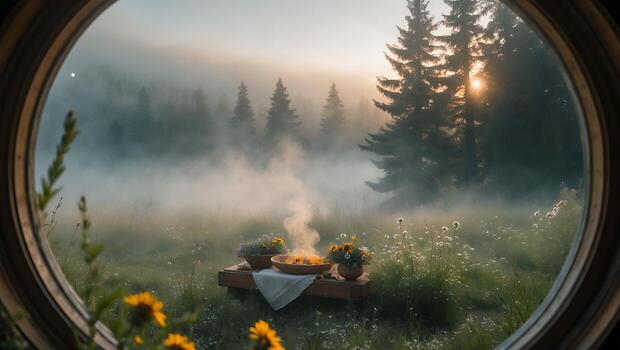 Flower Arrangement on Table in Misty Meadow Viewed Through Window photo