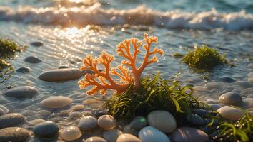 Orange Coral on Beach with Seaweed and Waves at Sunset photo
