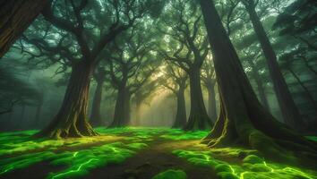Enchanted Forest Scene with Mossy Ground and Light Streaming Through Trees photo