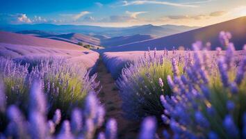 Lavender Field in Bloom with Rolling Hills at Sunset Scenery photo