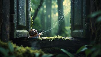 Snail Crawling on Mossy Wood with Rain in Forest Scene photo