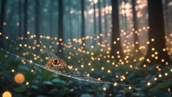 Spider Weaving Web in Forest with Bokeh Lights at Dusk photo