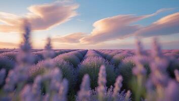 Lavender Field Blooming at Sunset with Soft Clouds and Hazy Horizon photo