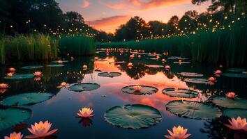 Water Lilies Blooming in a Calm Pond During a Colorful Sunset photo