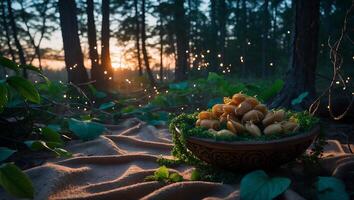 Bowl of Seeds on Blanket in Forest with Sunlight Shining Through photo