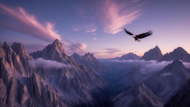 Eagle Soaring Over Majestic Mountain Range at Dusk with Colorful Sky photo