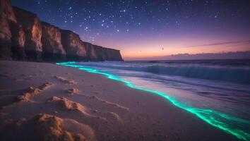 Glowing Shoreline at Night with Stars and Cliffside Scenery photo