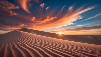 Sand Dune Landscape at Sunset with Dramatic Sky and Sand Patterns photo