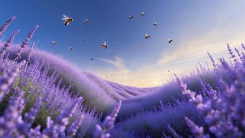 Bees Flying Above Lavender Field with Blue Sky in Summer photo