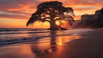 Large Tree on Beach at Sunset with Reflective Water photo