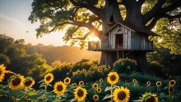 Treehouse with Sunflower Field at Sunset in a Peaceful Landscape photo