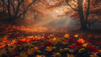 Walking Path Through Autumnal Forest with Fallen Leaves and Acorns photo