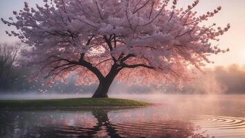 Flowering Tree Reflected in Still Water at Sunset in Early Spring photo