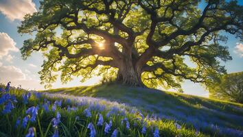 Large Tree Sunlight Through Branches with Blue Flowers in Meadow photo