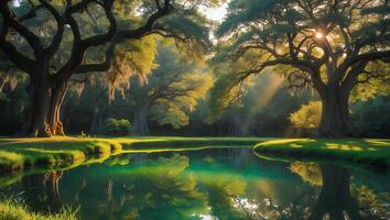 Reflections on Pond with Trees and Sunbeams in Forest Setting photo