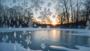 Snowflakes Over Frozen Lake at Winter Sunset with Bare Trees photo
