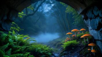 Exploring Enchanted Forest Path with Fog, Mushrooms, and Stone Archway photo