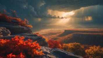 Autumn Landscape From Cliffside Overlooking Forest with Dramatic Stormy Sky photo