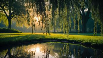 Willow Tree Overhanging Pond Reflecting Sunlight in Green Park Setting photo