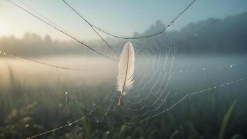 Feather Caught in Dew-covered Spider Web at Foggy Sunrise photo