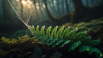 Fern Leaf and Spiderweb in Forest with Dew Drops and Sunlight photo