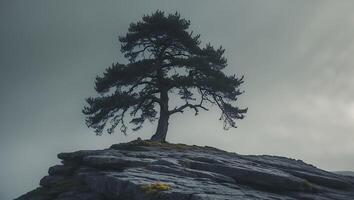 Solitary Tree Stands on Rocky Hill Under a Cloudy Sky photo