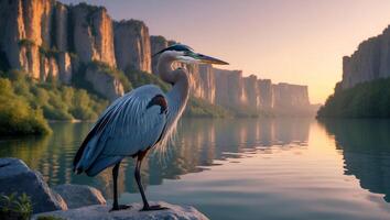Great Blue Heron Stands on Rock by Calm Lake at Sunset photo