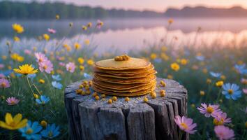 Stack of Pancakes on Tree Stump Surrounded by Wildflowers at Lake photo