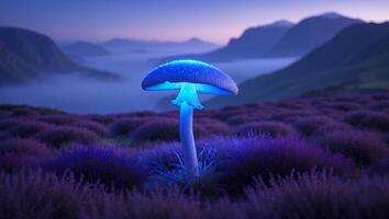 Glowing Mushroom in Lavender Field with Misty Mountain Backdrop at Twilight photo