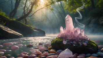 Pink Crystals Growing on River Rock in Misty Forest Landscape photo