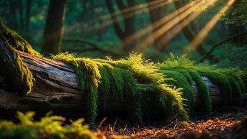 Fallen Tree Trunk Covered in Moss with Sun Rays in Forest photo