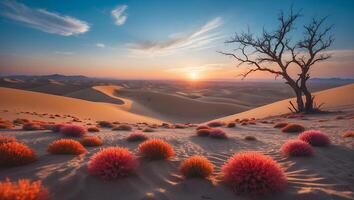 Desert Landscape at Sunset with Tree Silhouette and Colorful Shrubs photo