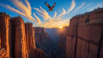 Eagle Flying Over Red Rock Canyon at Golden Sunset Hour photo