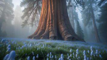 Giant Redwood Tree with Bluebells and Forest Background in Fog photo