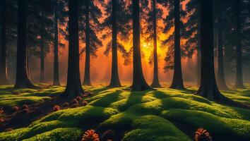 Tranquil Forest with Mossy Ground and Warm Sunlight Streaming Through Trees photo