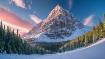 Snowy Mountain Peak at Sunset with Coniferous Forest and Pink Sky photo