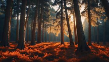 Tall Trees in Forest with Ground Ferns and Warm Sunlight photo