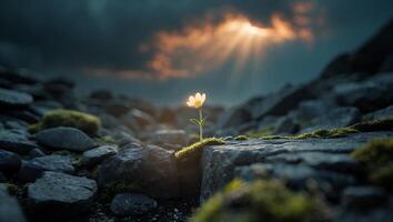 Lone White Flower Growing Among Dark Rocks Under Bright Sky photo