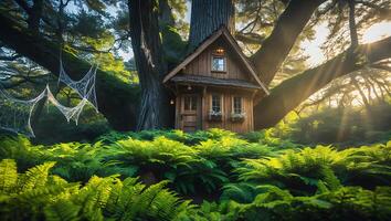 Charming Treehouse in Forest Surrounded by Ferns with Bright Sunbeams photo