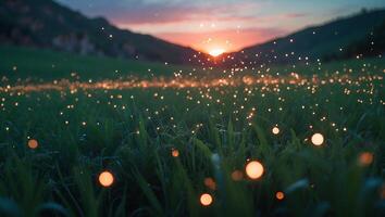 Glowing Lights Over Grassy Field at Sunset with Mountain Backdrop photo