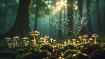 Mushrooms Growing Under a Cobweb in a Forest with Sunlight photo