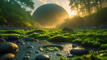 Mysterious Sphere in Lush Forest with Rocks and Moss at Sunset photo