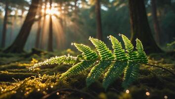 Sunlit Fern Frond with Dew Drops in Lush Forest Setting photo