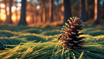 Pine Cone Resting on Needles with Ant in Forest Setting photo