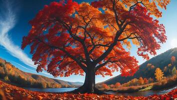Majestic Tree with Autumn Colors Overlooking Serene Lake in Fall photo