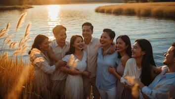 Group Enjoying Sunset Together by the Water with Golden Grass photo