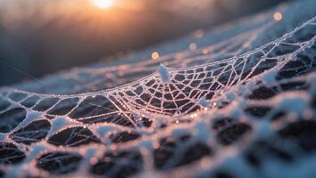 Frost Covered Spiderweb at Sunrise with Dew Drops and Winter Light photo