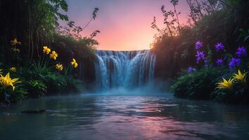Waterfall Flowing Into Calm Lake with Flowers and Colorful Sunset photo