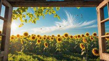 Sunflower Field Viewed Through Open Window with Clear Blue Sky photo